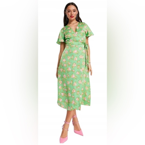 Never Fully Dressed Dresses & Skirts - Green and Pink Wrap Wrap Midi Dress Never Fully Dressed